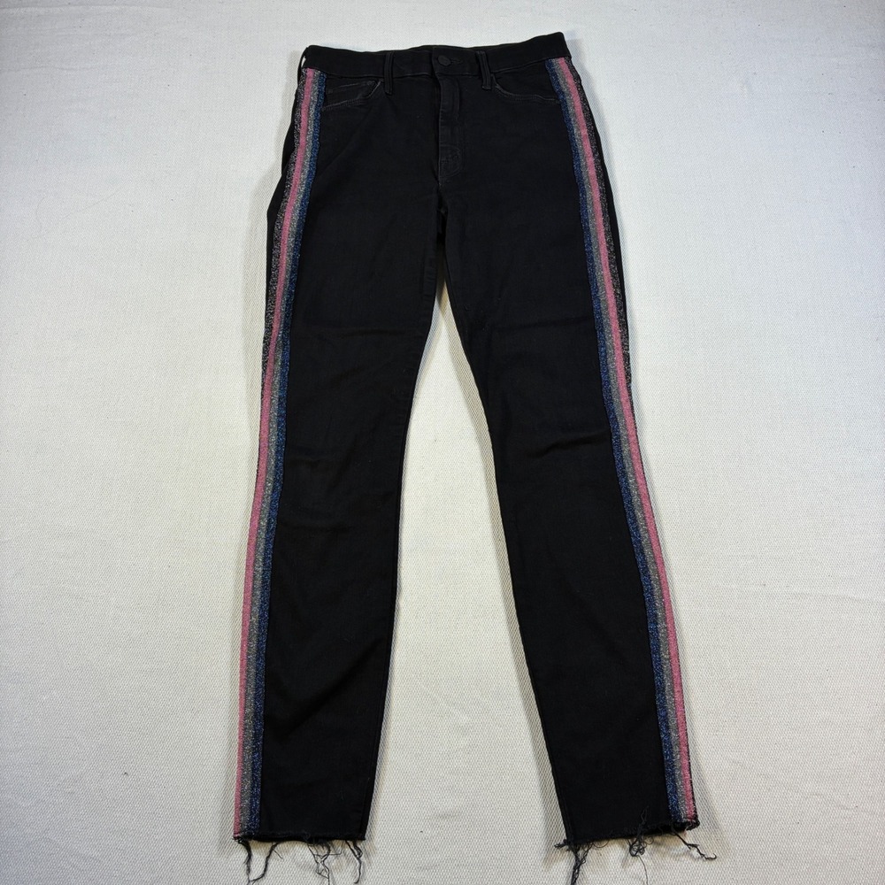 MOTHER High Waisted Looker Ankle Fray Jeans 26 Guilty Glitter Racer Black Stripe